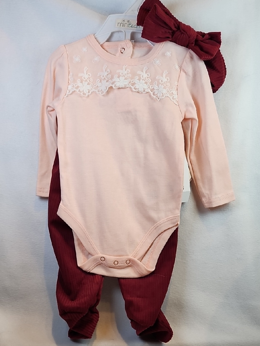 Infant 3 Pc. Pink Lace Bodysuit With Burgundy Bow & Pants Set